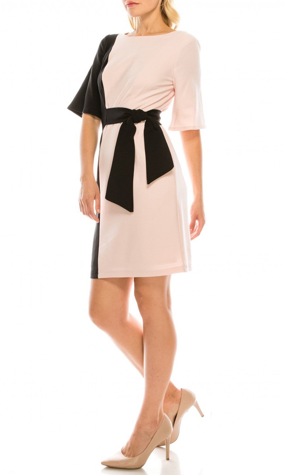 London Times - T3948M Tie Waist Crepe Short Sheath Dress In Pink and Black
