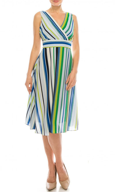 London Times - T4380M Striped Sleeveless Surplice V Neck A-Line Dress In Blue and Multi-Color