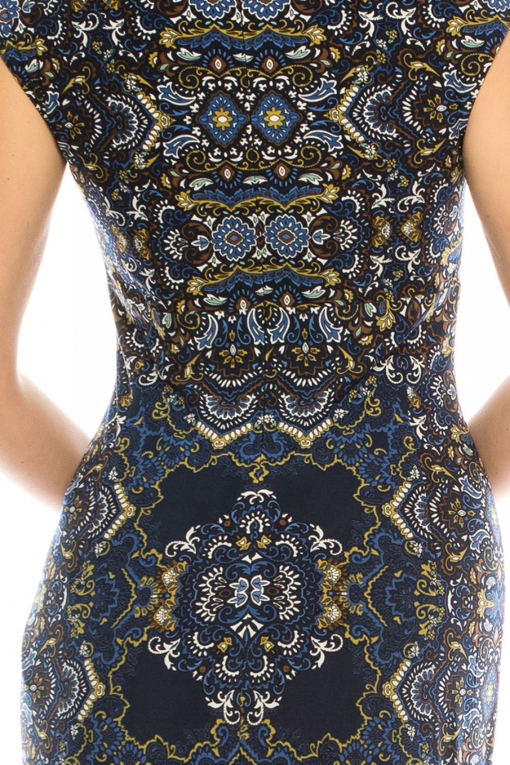 London Times - T4466M Geo Print V Neck Slim A-Line Midi Dress In Blue and Print