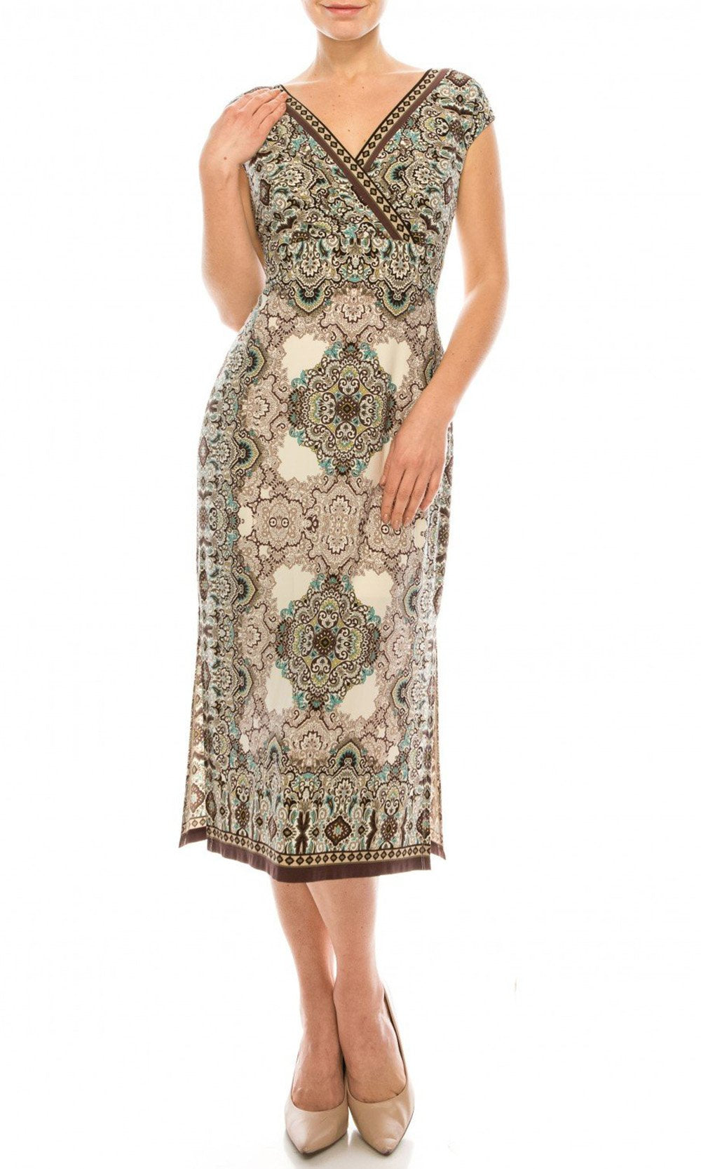 London Times - T4466M Geo Print V Neck Slim A-Line Midi Dress In Brown and Neutral