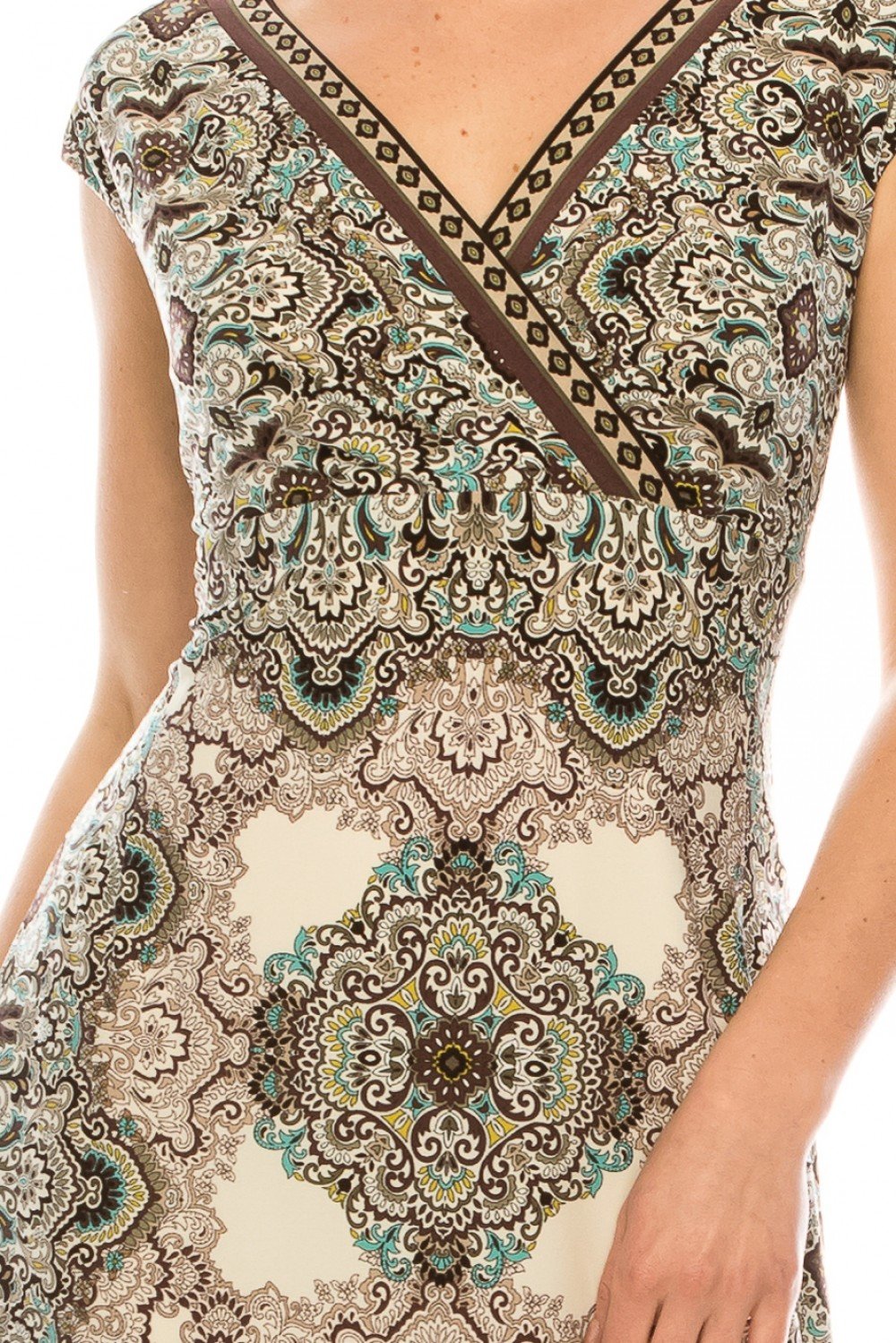 London Times - T4466M Geo Print V Neck Slim A-Line Midi Dress In Brown and Print