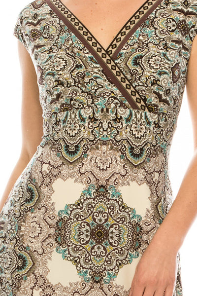 London Times - T4466M Geo Print V Neck Slim A-Line Midi Dress In Brown and Print