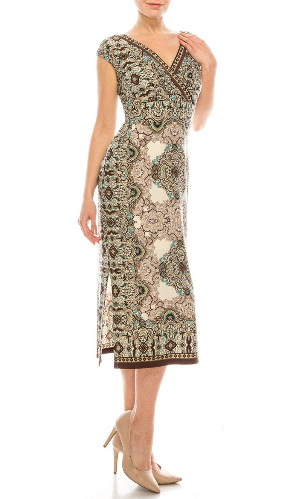 London Times - T4466M Geo Print V Neck Slim A-Line Midi Dress In Brown and Neutral