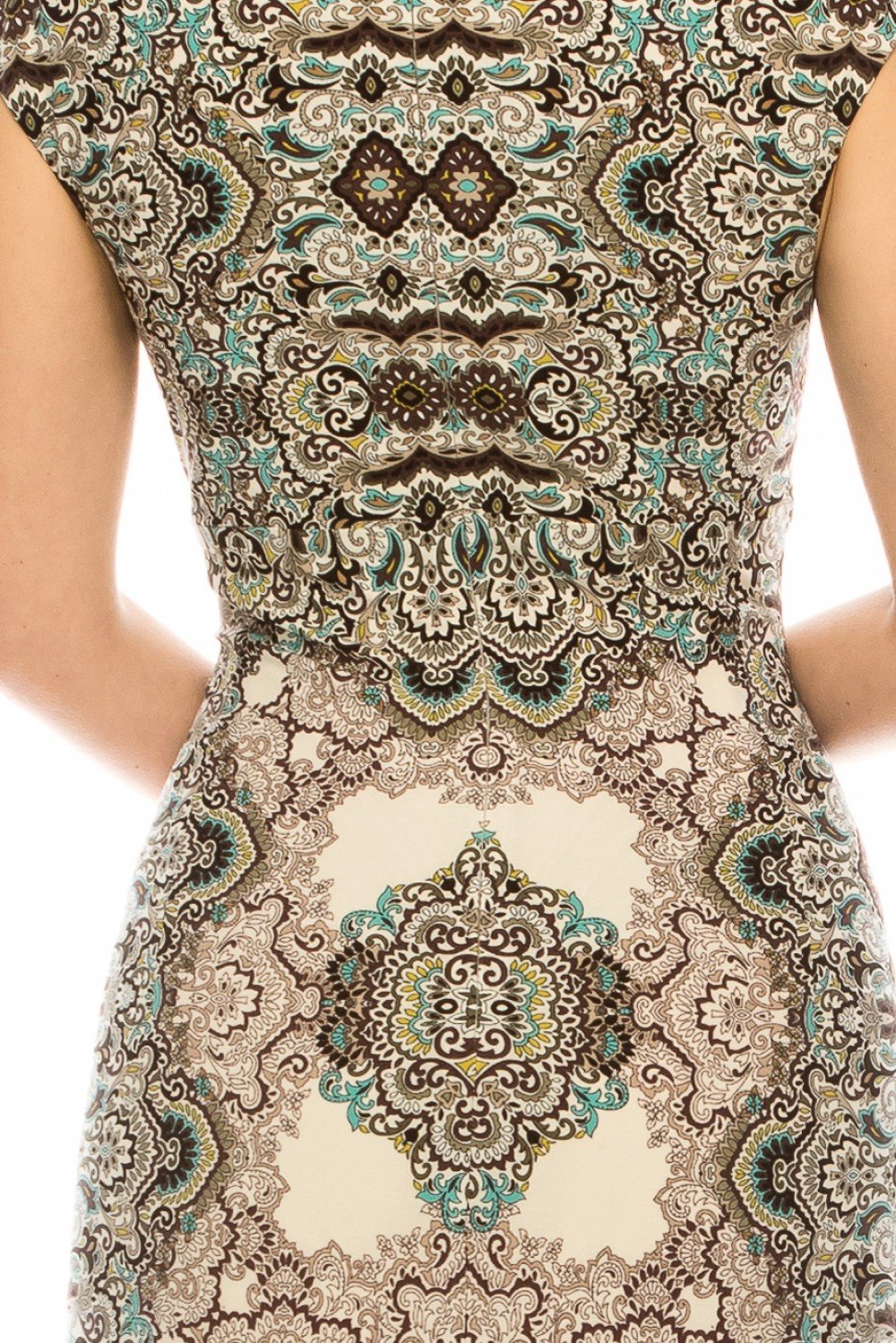 London Times - T4466M Geo Print V Neck Slim A-Line Midi Dress In Brown and Print