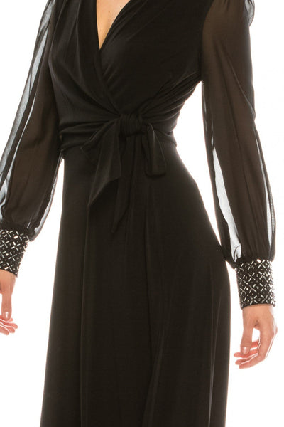 London Times - T4547M V-Neck Long Sleeves A-Line Dress In Black