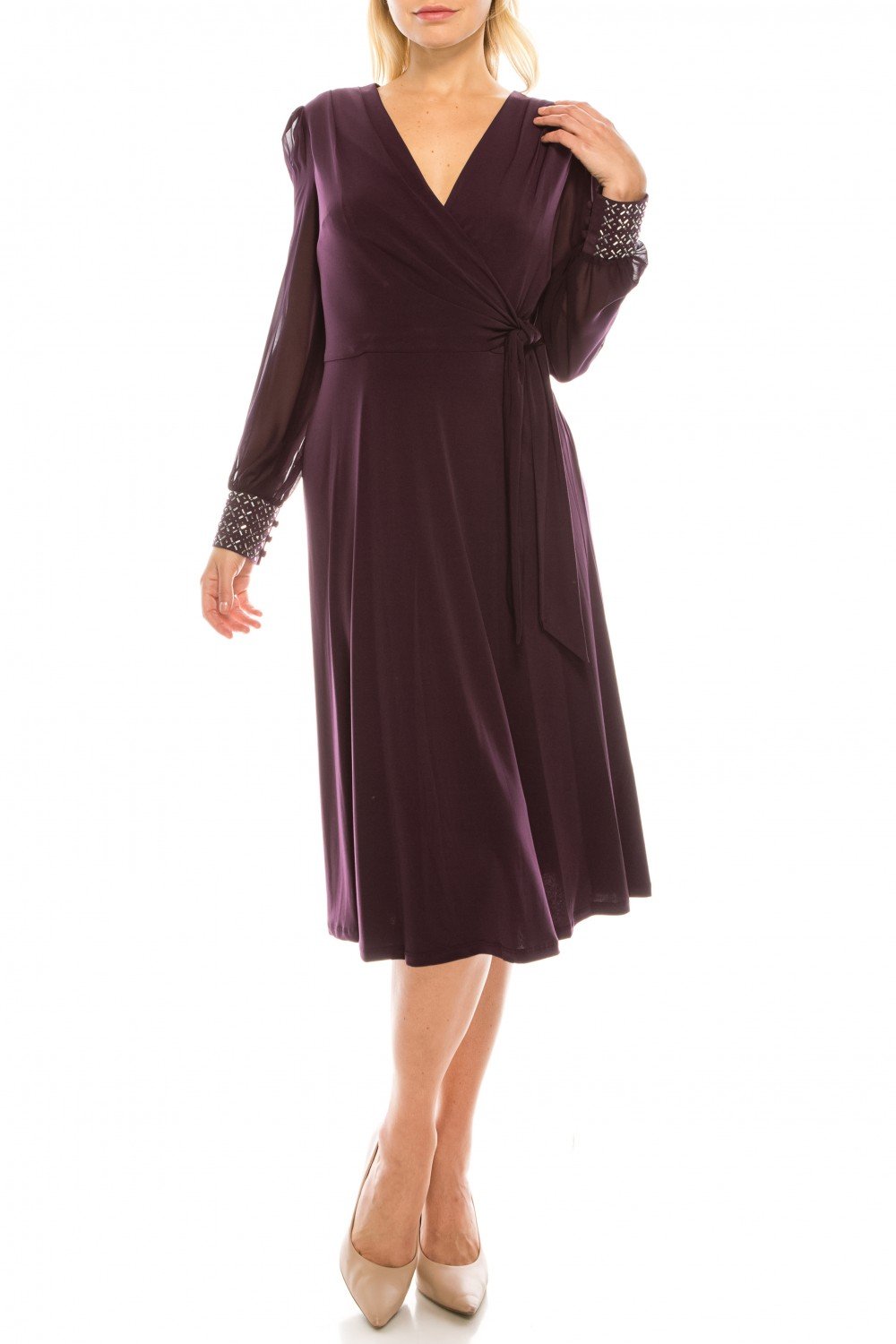 London Times - T4547M V-Neck Long Sleeves A-Line Dress In Purple