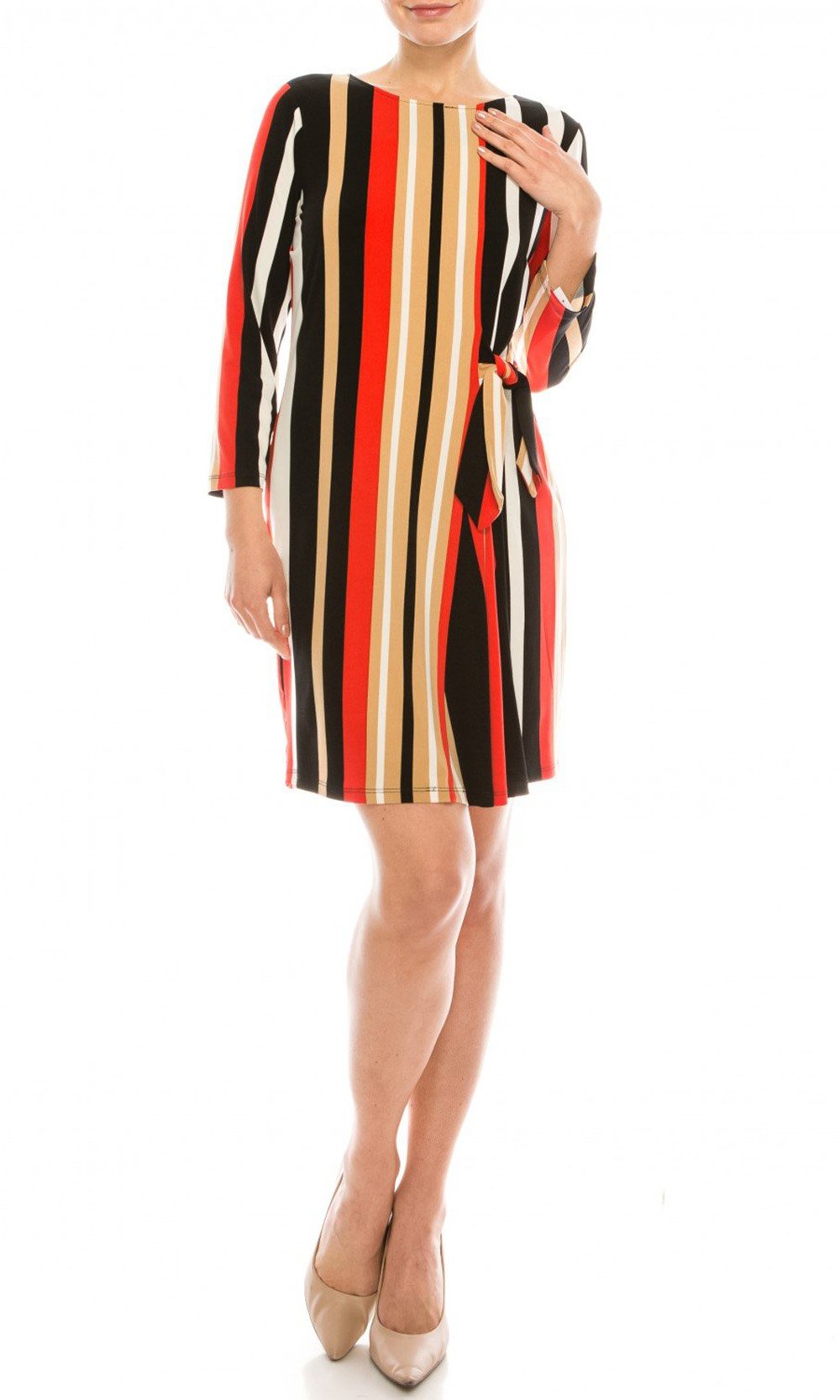 London Times - T4797M Long Sleeve Multi-Color Striped Shift Dress In Black and Multi-Color