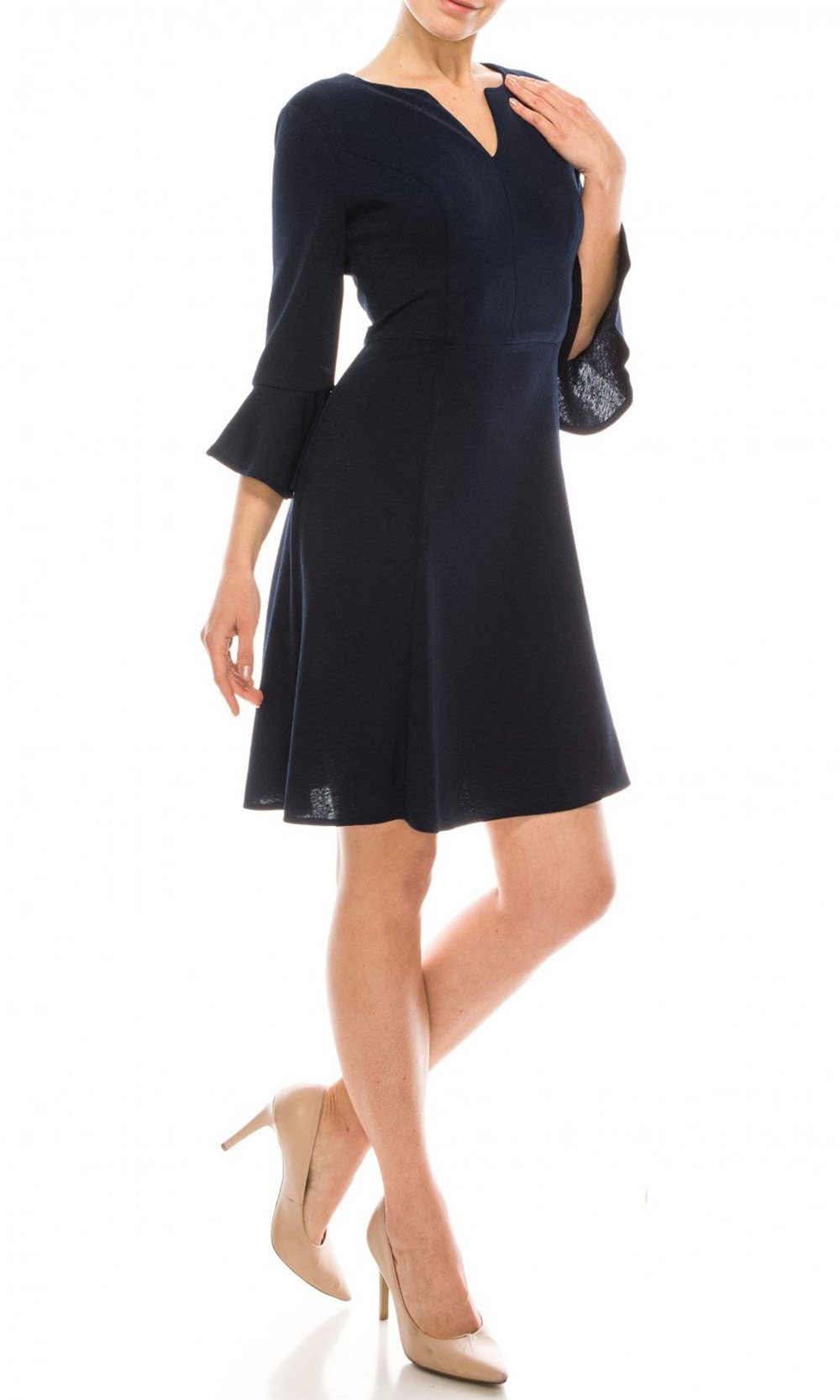 London Times - T4868M V Neck Ruffle Sleeved A-Line Short Dress In Blue