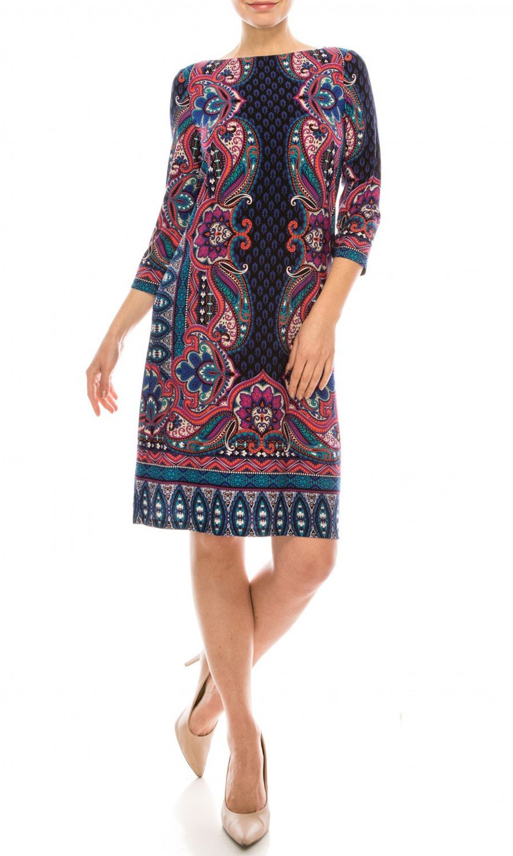 London Times - T4888M Quarter Sleeve Geo Paisley Print Day Dress In Black and Blue