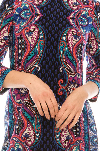 London Times - T4888M Quarter Sleeve Geo Paisley Print Day Dress In Black and Blue