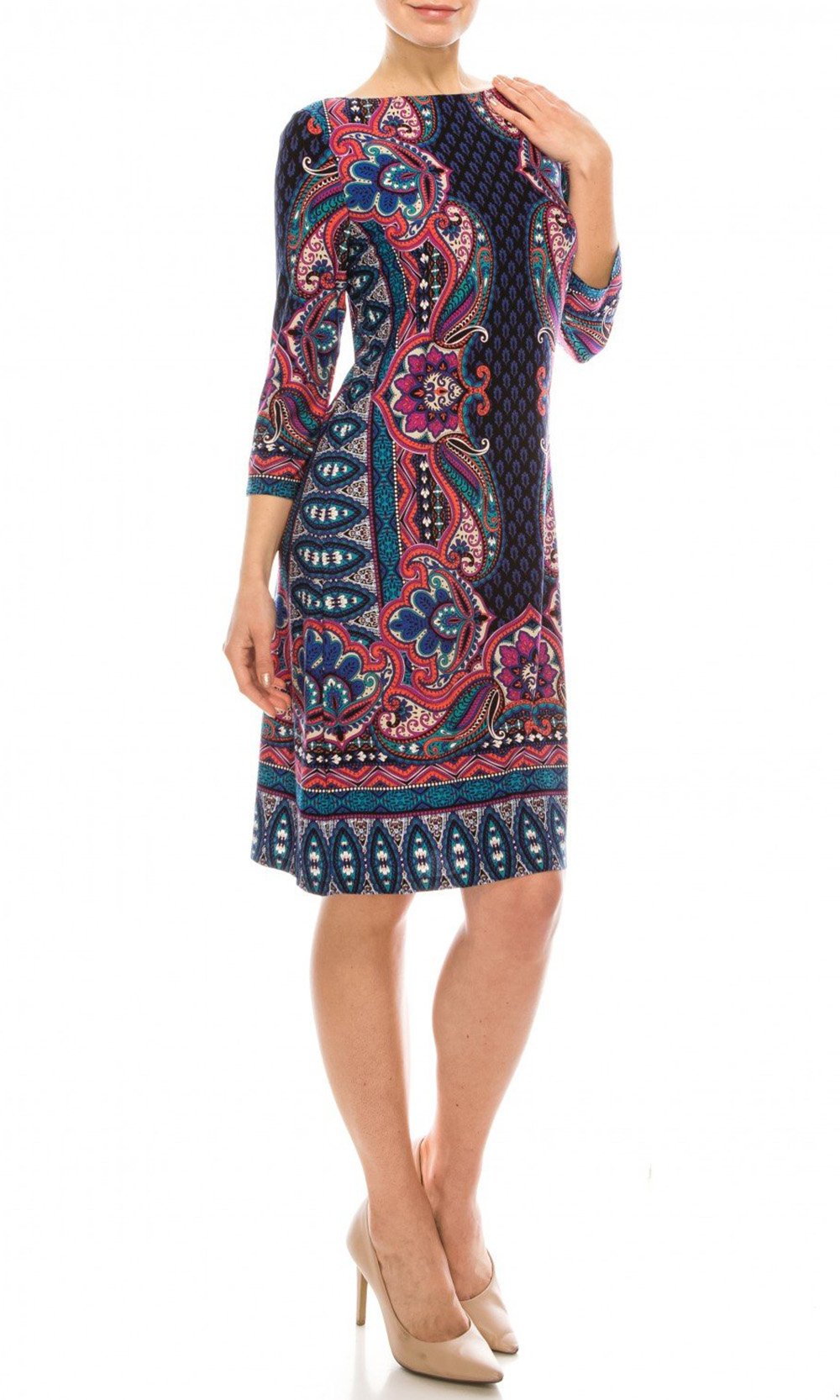 London Times - T4888M Quarter Sleeve Geo Paisley Print Day Dress In Black and Blue