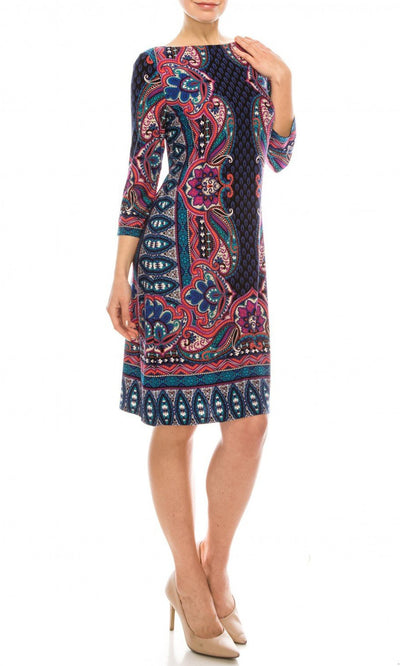 London Times - T4888M Quarter Sleeve Geo Paisley Print Day Dress In Black and Blue