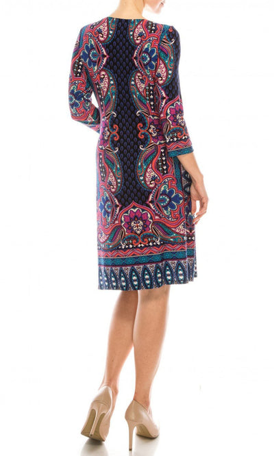 London Times - T4888M Quarter Sleeve Geo Paisley Print Day Dress In Black and Blue