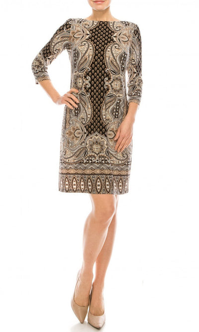 London Times - T4888M Quarter Sleeve Geo Paisley Print Day Dress In Black and Brown