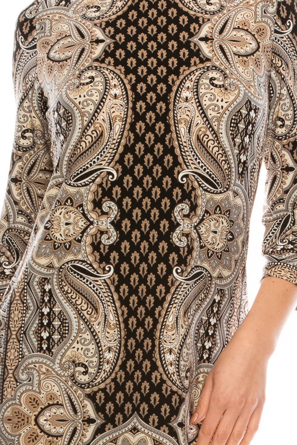 London Times - T4888M Quarter Sleeve Geo Paisley Print Day Dress In Black and Brown