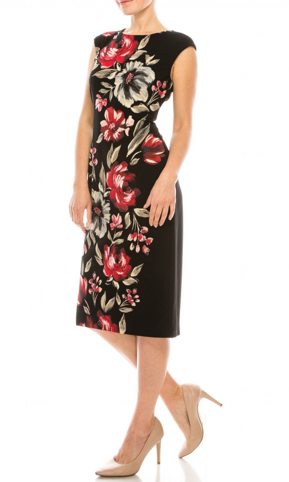 London Times - T5088M Painted Floral Print Knee Length Sheath Dress In Black and Red