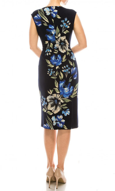 London Times - T5088M Painted Floral Print Knee Length Sheath Dress In Black and Blue