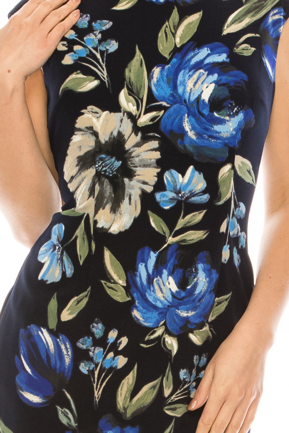 London Times - T5088M Painted Floral Print Knee Length Sheath Dress In Black and Blue