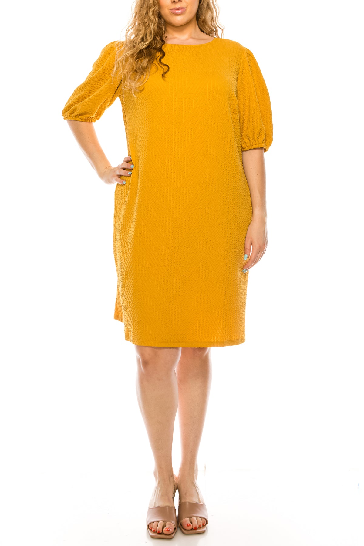London Times - T5376W Elbow Length Midi Crepe Dress In Yellow