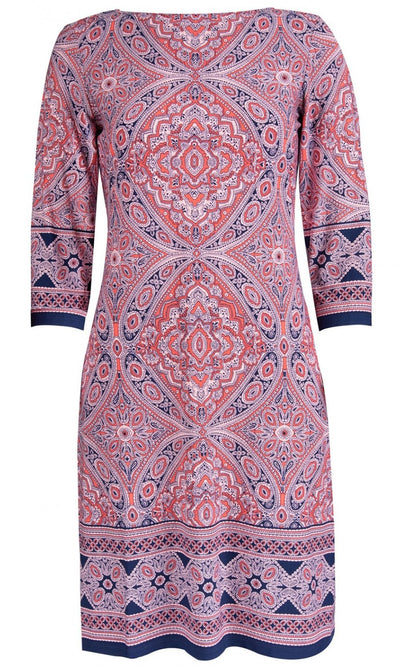 London Times - T1720M Geo Print Quarter Sleeve Shift Dress In Pink and Blue