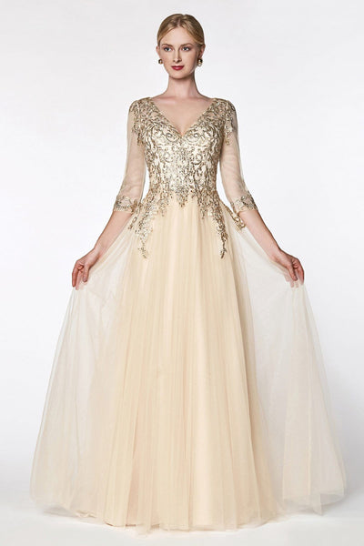 Cinderella Divine - OC003 Beaded Lace Appliqued Boddice V-Neck Tulle Evening Dress In Neutral and Yellow