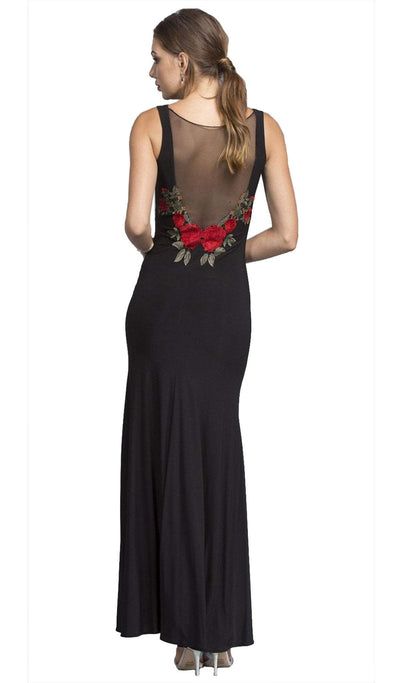 Long Black Sheath Formal Dress with Illusion Back Evening Dressses