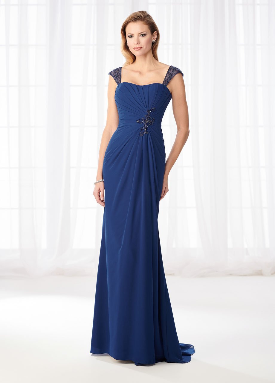 Cameron Blake - 218624 Chiffon Sheath Dress with removable Cap Sleeves in Blue