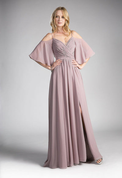 Cinderella Divine - Cold Shoulders Flutter Sleeve Evening Dress CJ267 In Pink