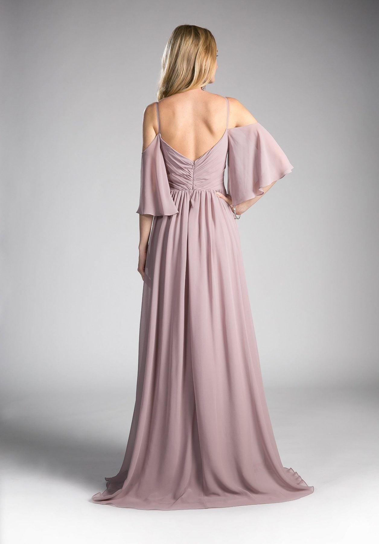 Cinderella Divine - Cold Shoulders Flutter Sleeve Evening Dress CJ267 In Pink