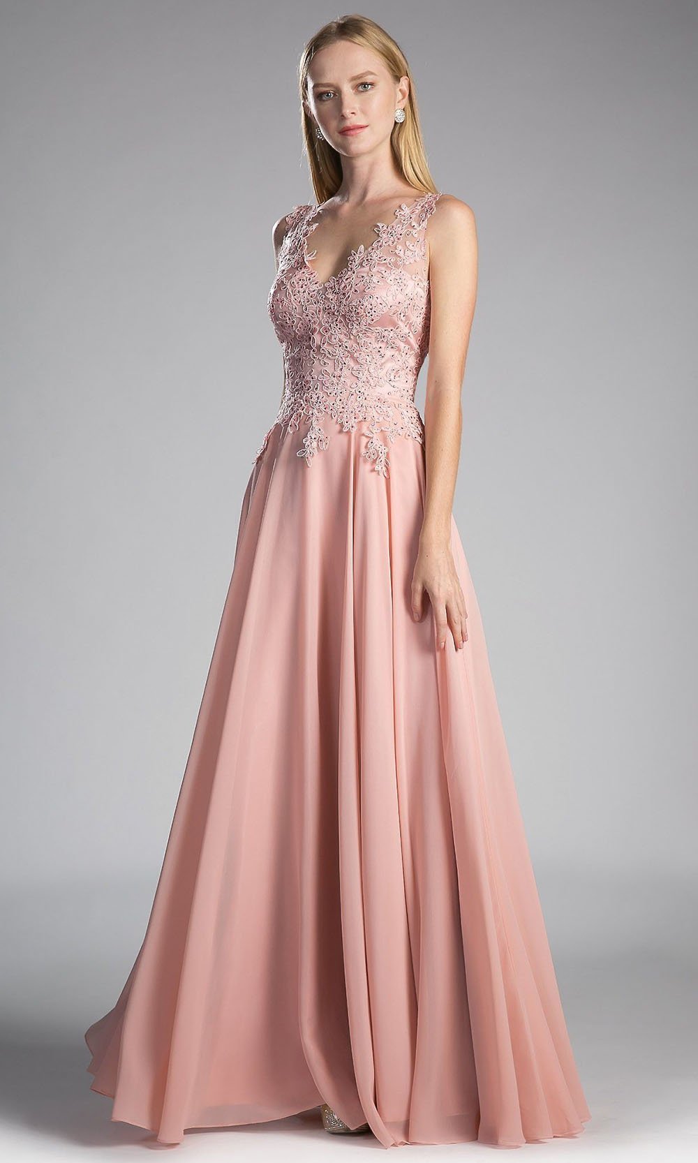 Cinderella Divine - 9177 Beaded Lace V-neck A-line Dress in Pink