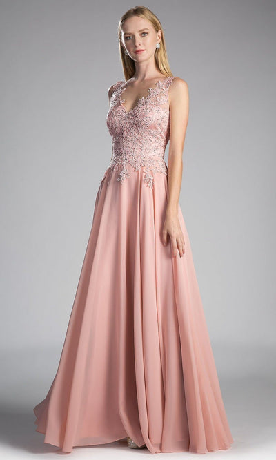 Cinderella Divine - 9177 Beaded Lace V-neck A-line Dress in Pink