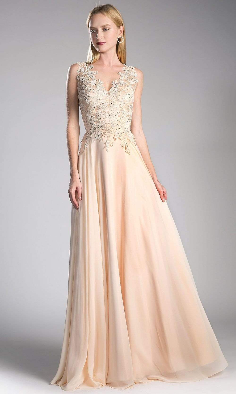 Cinderella Divine - 9177 Beaded Lace V-neck A-line Dress in Neutral