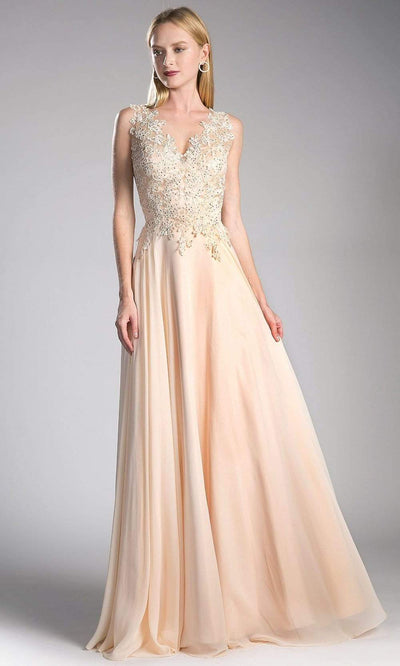 Cinderella Divine - 9177 Beaded Lace V-neck A-line Dress in Neutral