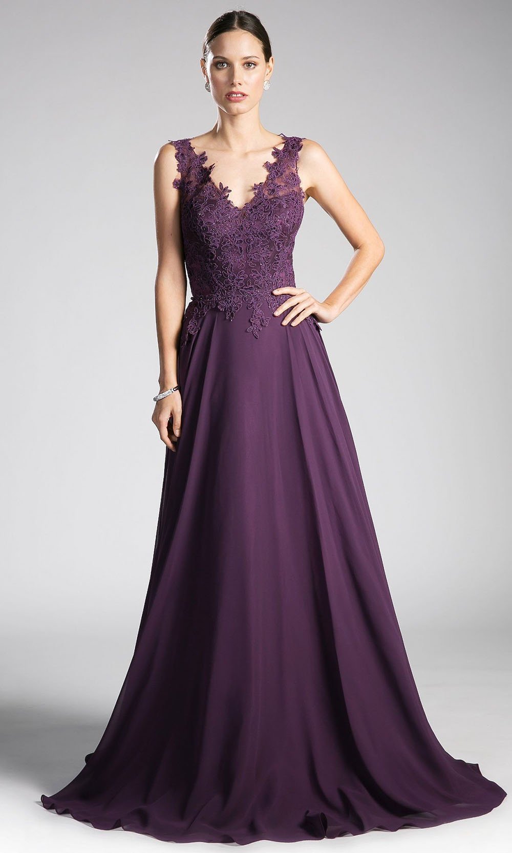 Cinderella Divine - 9177 Beaded Lace V-neck A-line Dress in Purple