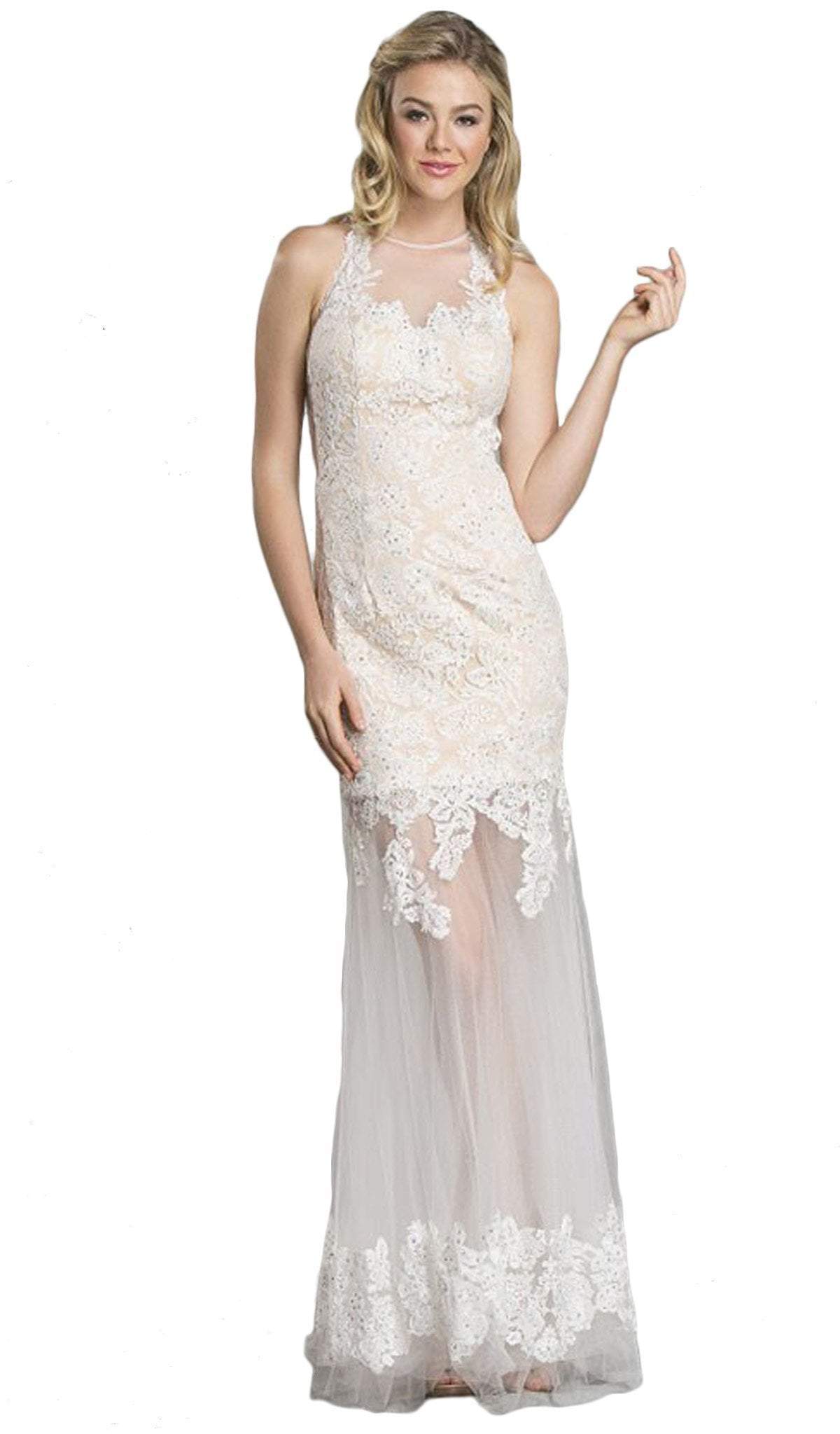 Long Sheath Gown with Sheer Illusion Skirt Dress XXS / Off White