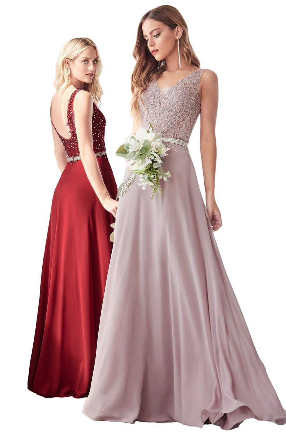 Cinderella Divine - 9173 Long Ornate Lace Bodice Chiffon Dress In Red and Pink