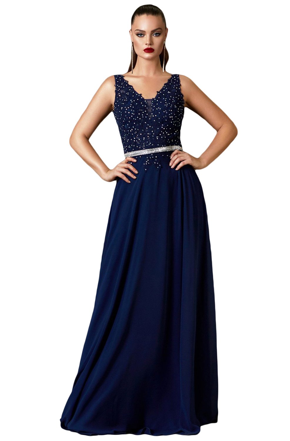 Cinderella Divine - 9173 Long Ornate Lace Bodice Chiffon Dress In Blue