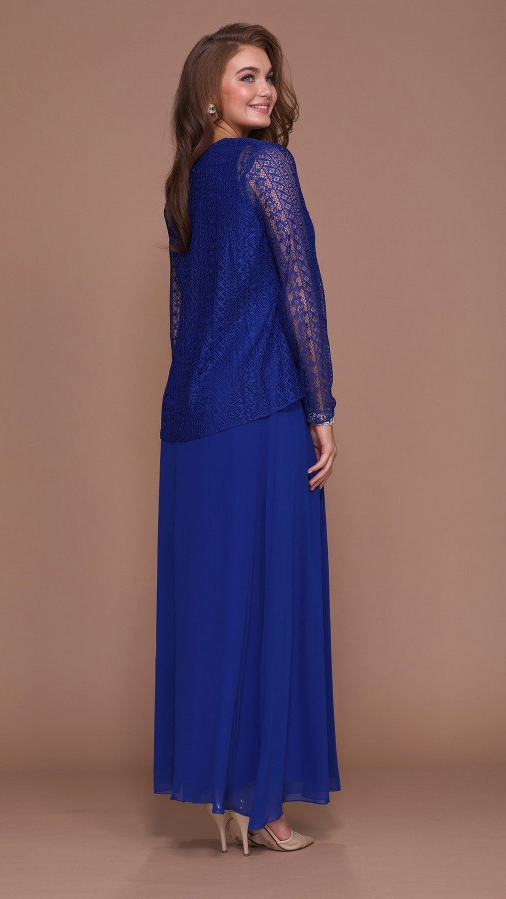 Nox Anabel - 5140SC Long V-Neck Lace Dress with Sheer Jacket
