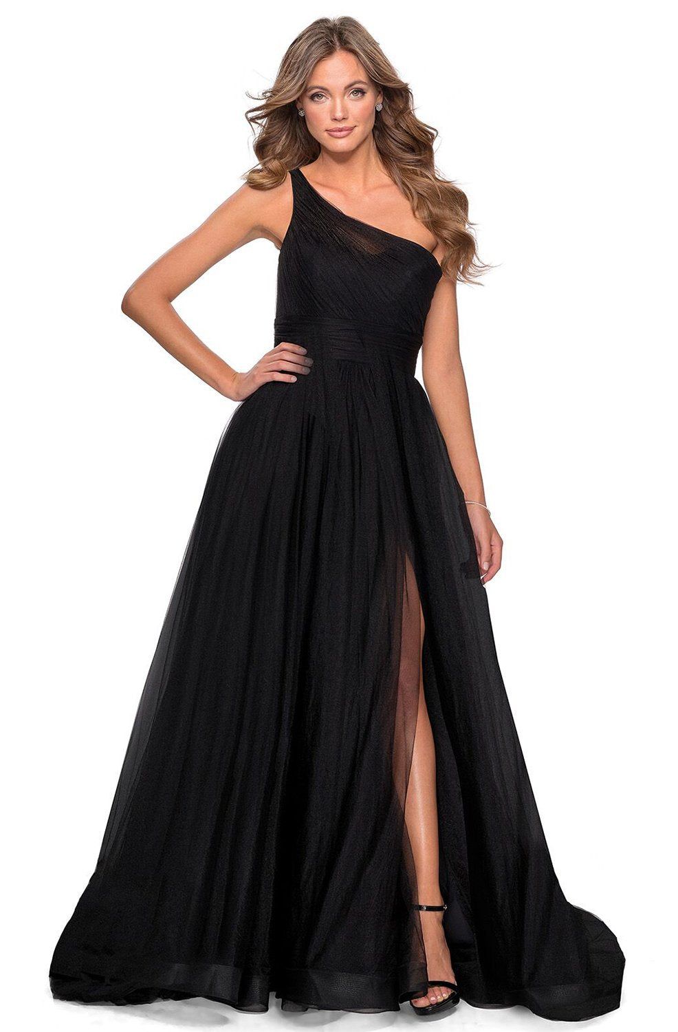 La Femme - Shirred One Shoulder High Slit A-Line Dress 28383SC In Black