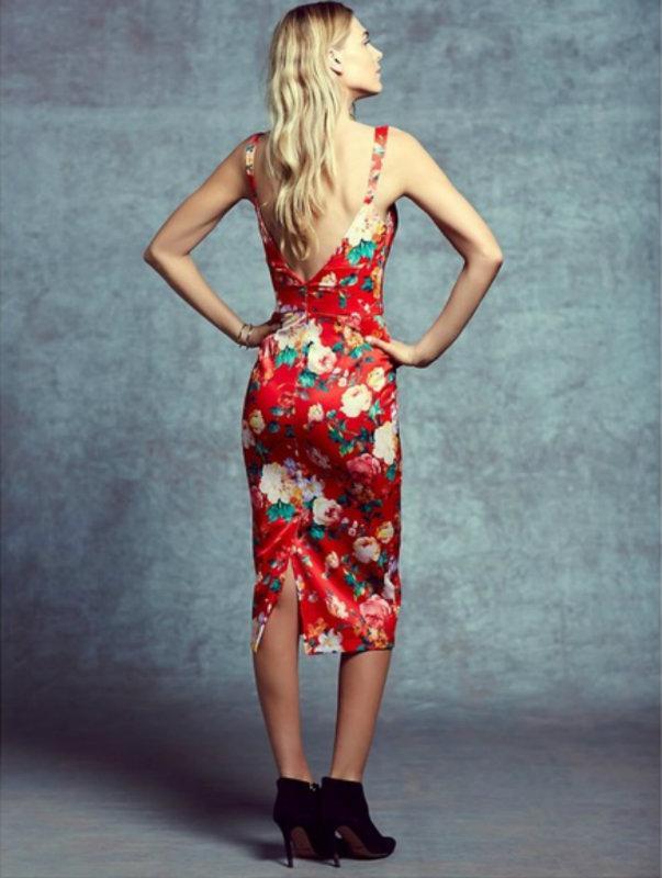 Again Collection - Red Print, Dylan Structured Pencil Dress in Red and Print