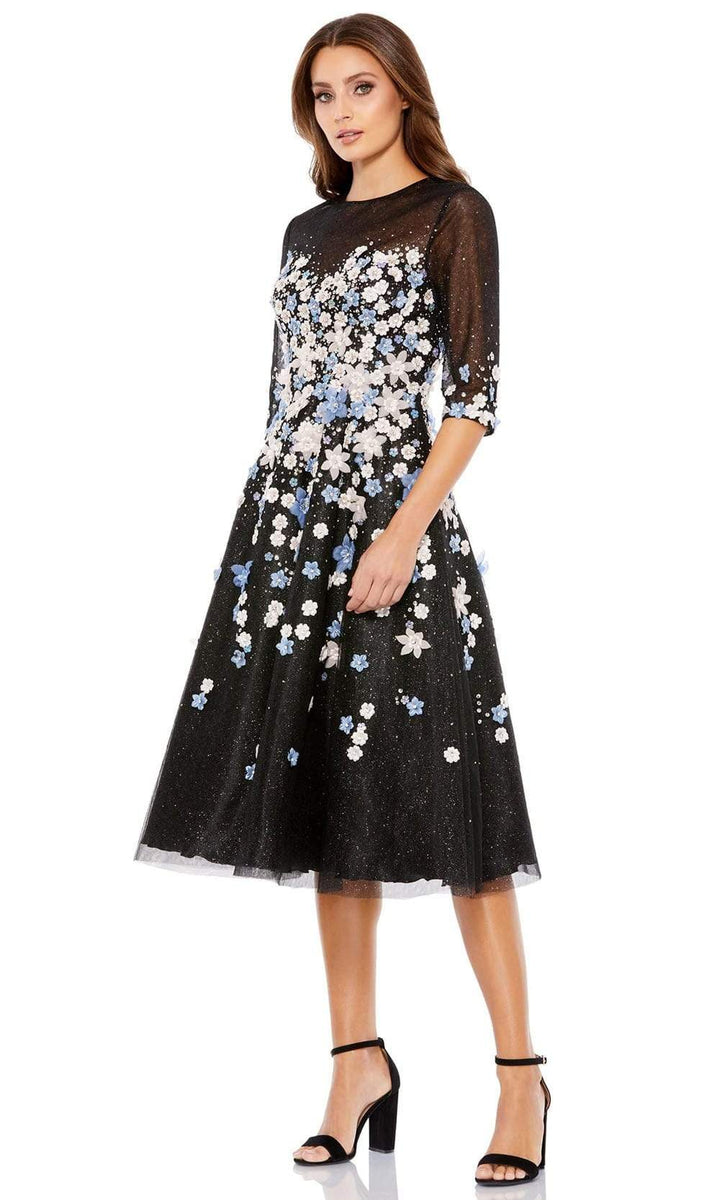 Mac Duggal - Quarter Sleeves Floral Cocktail Dress 11161 In Black and Multi