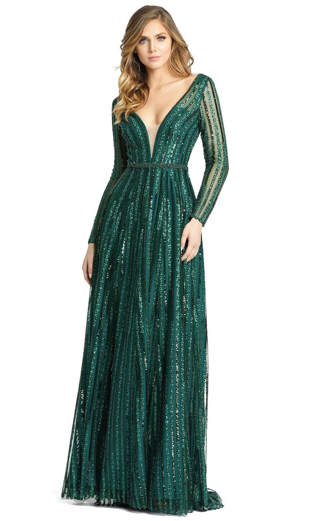 Mac Duggal - 11184 Illusion Long Sleeve V-Neck Embellished A-Line Gown Evening Dresses 0 / Emerald Green