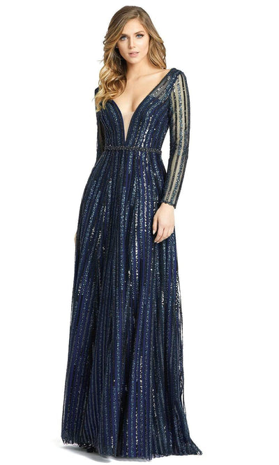 Mac Duggal - 11184 Illusion Long Sleeve V-Neck Embellished A-Line Gown Evening Dresses 0 / Midnight Blue