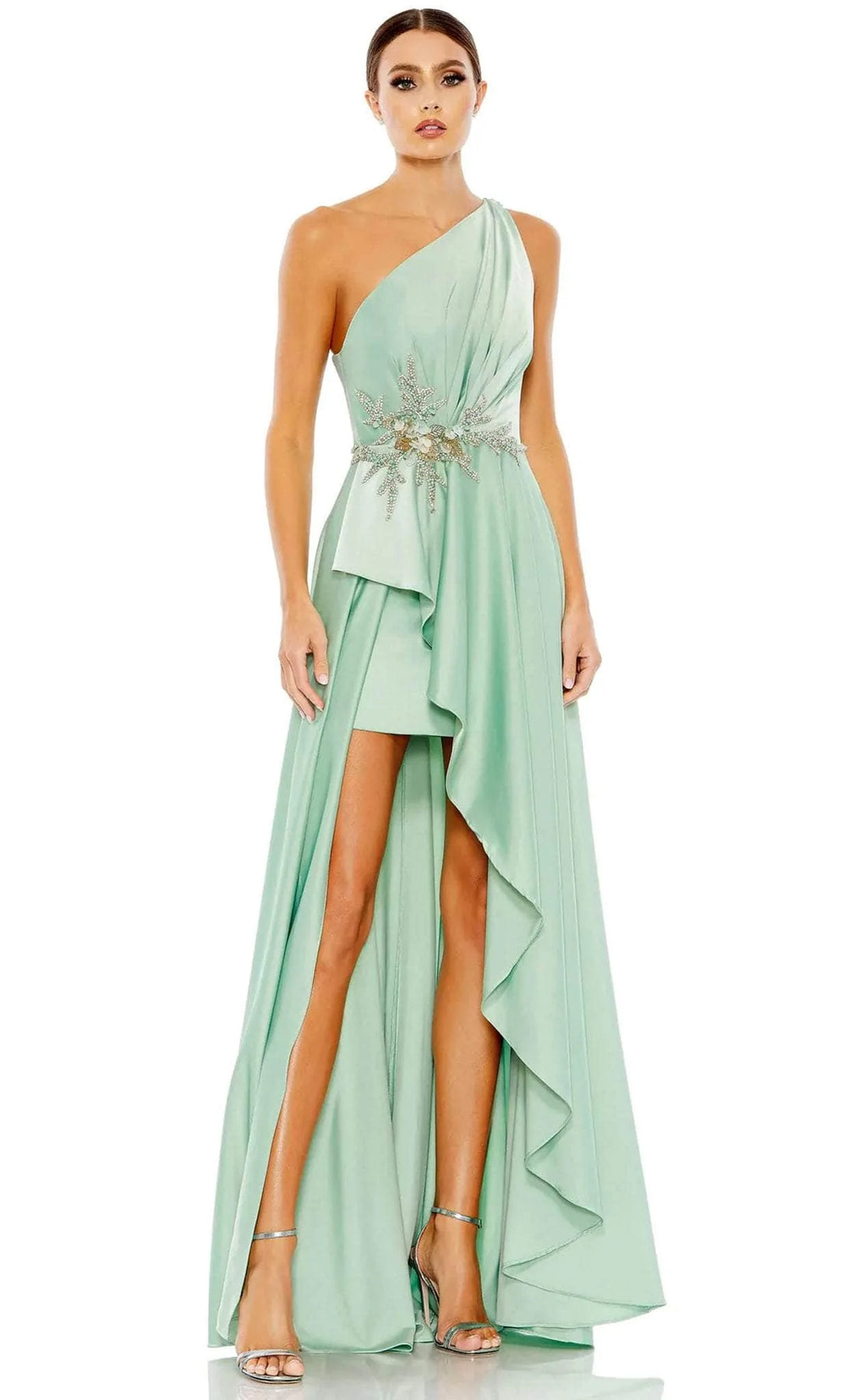 Mac Duggal 11262 - High Low Charmeuse A-Line Dress - Sleeveless, Beaded Appliques, Ruched, Mid-Open Back, Back Zipper, Ruffled, Slit, Sweep Train ADASA Mac Duggal 11262 - High Low Charmeuse A-Line Dress - Sleeveless, Beaded Appliques, Ruched, Mid-Open Back, Back Zipper, Ruffled, Slit, Sweep Train ADASA