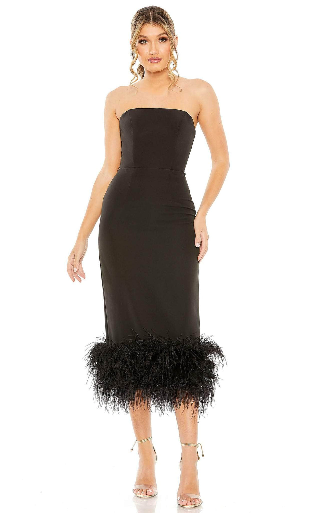 Mac Duggal 11629 - Tea Length Crepe Sheath Dress - Strapless, Midrise Back, Feather Trims, Back Slit, Tea Length Hem ADASA Mac Duggal 11629 - Tea Length Crepe Sheath Dress - Strapless, Midrise Back, Feather Trims, Back Slit, Tea Length Hem ADASA