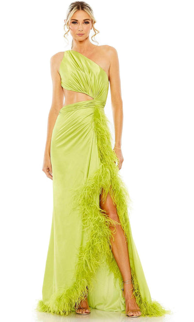 Mac Duggal 11689 - One Sleeve Feather Detailed Prom Dress Special Occasion Dress 0 / Lime