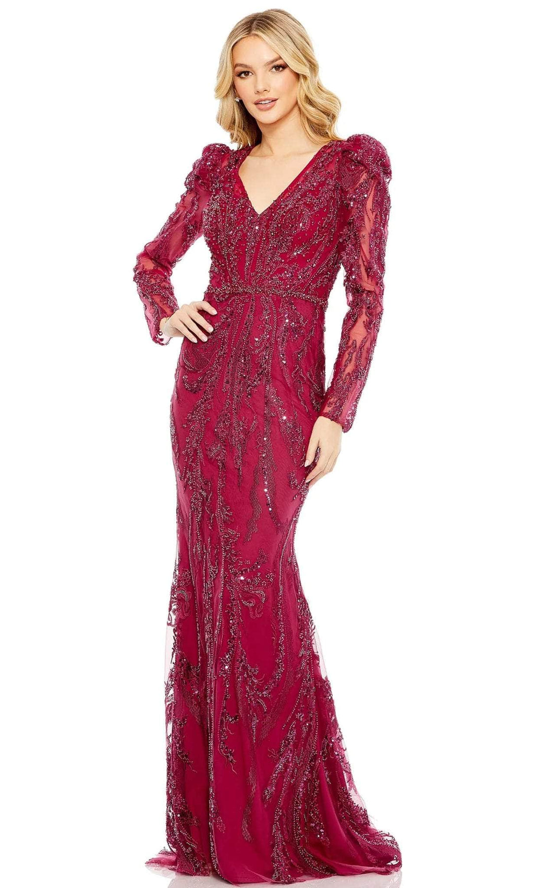Mac Duggal 20349 - Long Sleeve Beaded Evening Gown Evening Dresses 4 / Berry