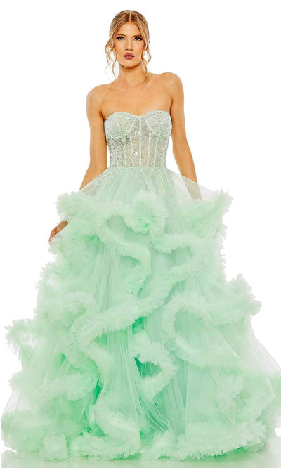 Mac Duggal 20542 - Corset Ruffled Tulle Prom Gown Special Occasion Dress 0 / Aqua