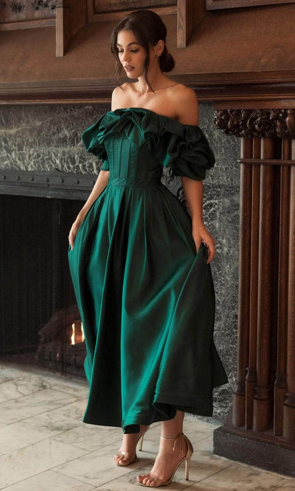 Mac Duggal - Off The Shoulder Tea Length Dress - Emerald Mac Duggal - Off The Shoulder Tea Length Dress - Emerald