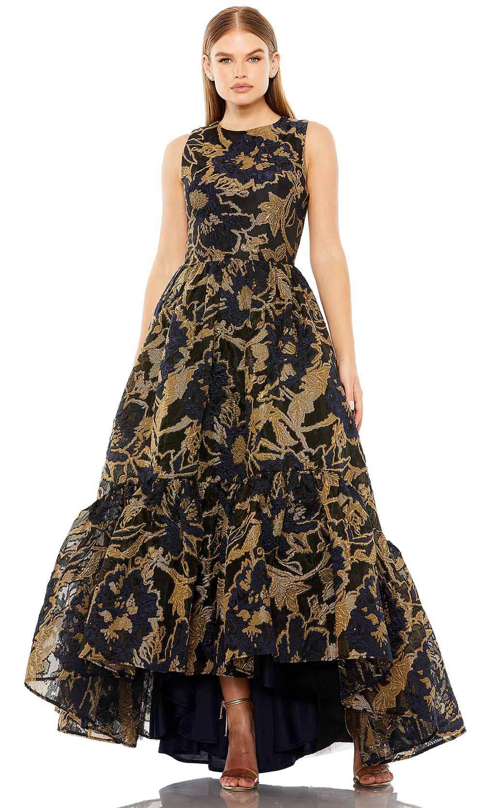 Mac Duggal 20714 - High Low Brocade A-Line Dress - Sleeveless, Fully Lined, Full Back, Concealed Zipper Closure, High Low Hem With Ruffled Trim ADASA Mac Duggal 20714 - High Low Brocade A-Line Dress - Sleeveless, Fully Lined, Full Back, Concealed Zipper Closure, High Low Hem With Ruffled Trim ADASA